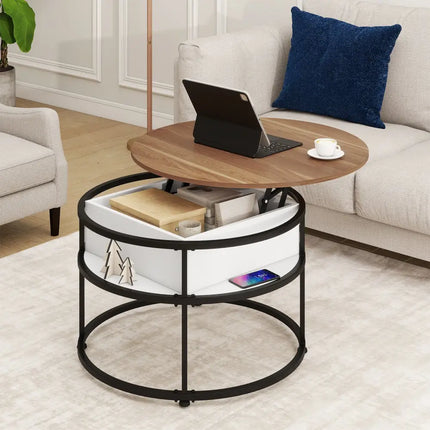31.5 Inch Round Lift Top Coffee Table with Hidden Compartment and Side Shelves-Teak Costway