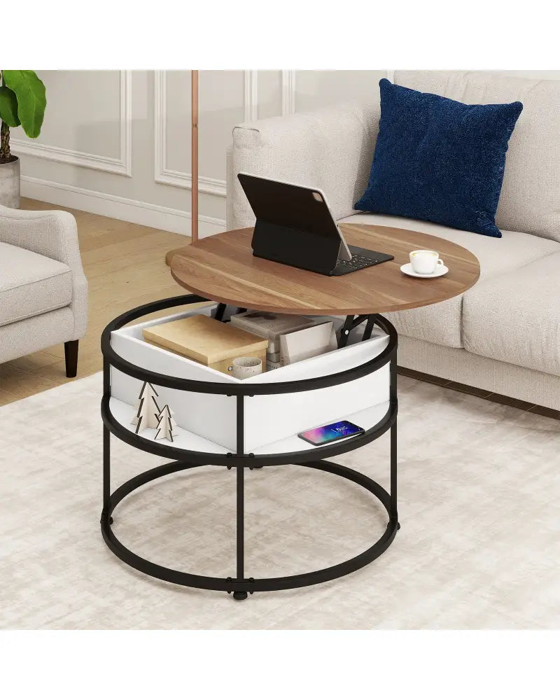 31.5 Inch Round Lift Top Coffee Table with Hidden Compartment and Side Shelves-Teak - Teak - Coffee Tables