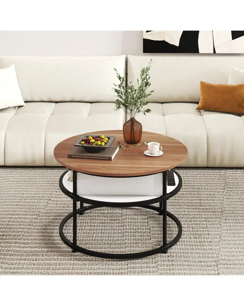 31.5 Inch Round Lift Top Coffee Table with Hidden Compartment and Side Shelves-Teak - Teak - Coffee Tables