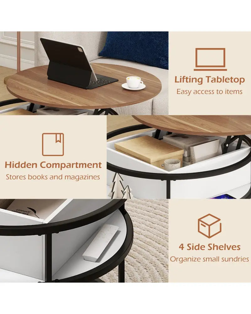 31.5 Inch Round Lift Top Coffee Table with Hidden Compartment and Side Shelves-Teak - Teak - Coffee Tables