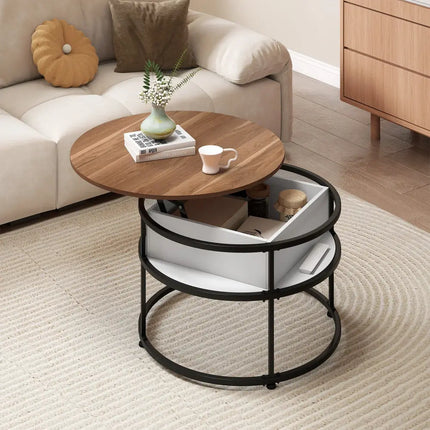 31.5 Inch Round Lift Top Coffee Table with Hidden Compartment and Side Shelves-Teak Costway