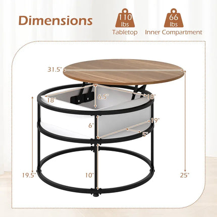 31.5 Inch Round Lift Top Coffee Table with Hidden Compartment and Side Shelves-Teak Costway