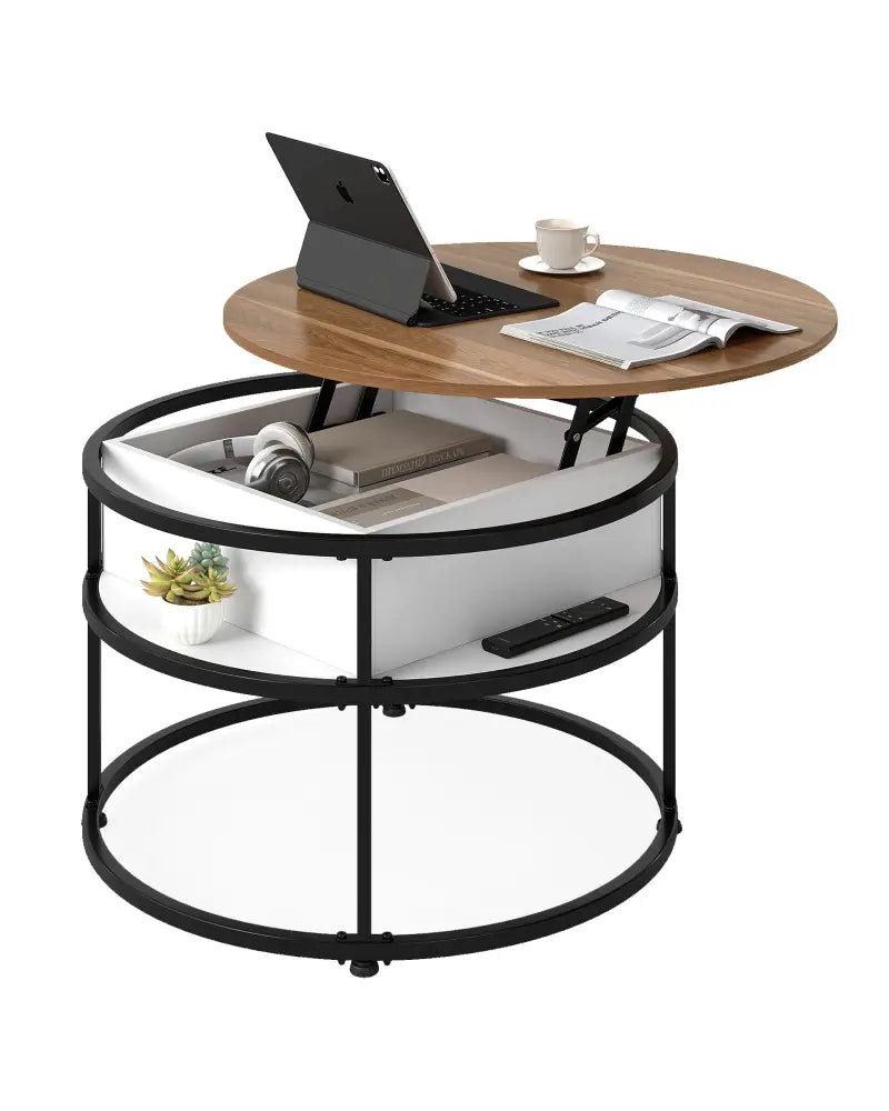 31.5 Inch Round Lift Top Coffee Table with Hidden Compartment and Side Shelves-Teak - Teak - Coffee Tables
