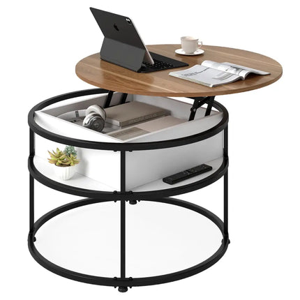31.5 Inch Round Lift Top Coffee Table with Hidden Compartment and Side Shelves-Teak Costway