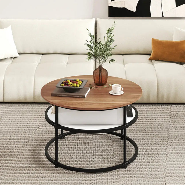 31.5 Inch Round Lift Top Coffee Table with Hidden Compartment and Side Shelves-Teak Costway