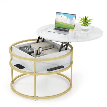 31.5 Inch Round Lift Top Coffee Table with Hidden Compartment and Side Shelves-White Costway