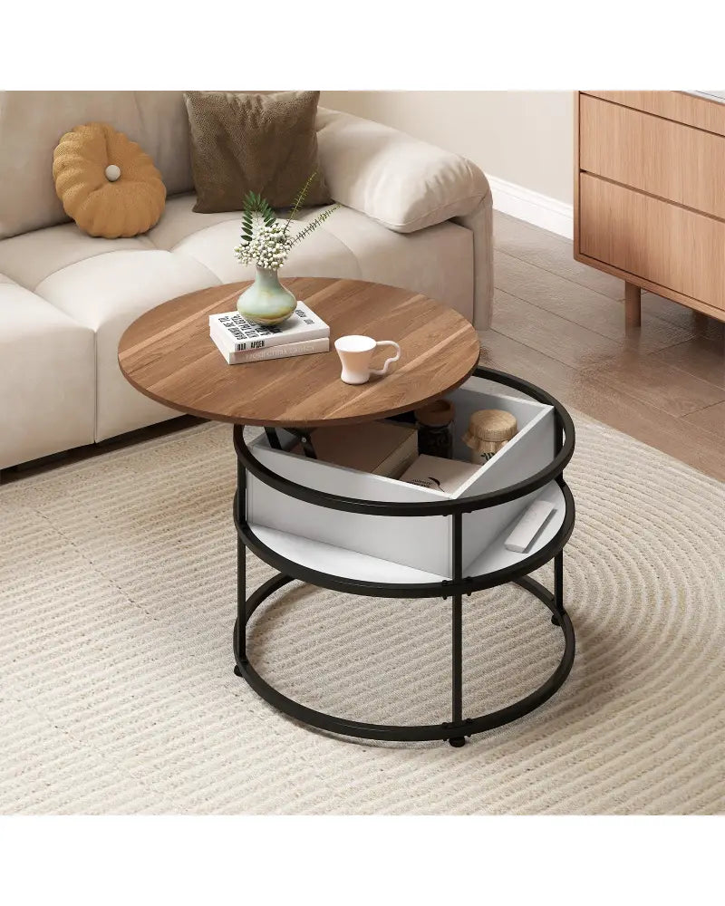 31.5 Inch Round Lift Top Coffee Table with Hidden Compartment and Side Shelves-Teak - Teak - Coffee Tables