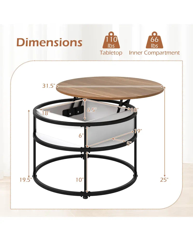 31.5 Inch Round Lift Top Coffee Table with Hidden Compartment and Side Shelves-Teak - Teak - Coffee Tables