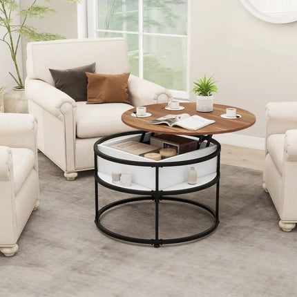 31.5 Inch Round Lift Top Coffee Table with Hidden Compartment and Side Shelves-Teak Costway