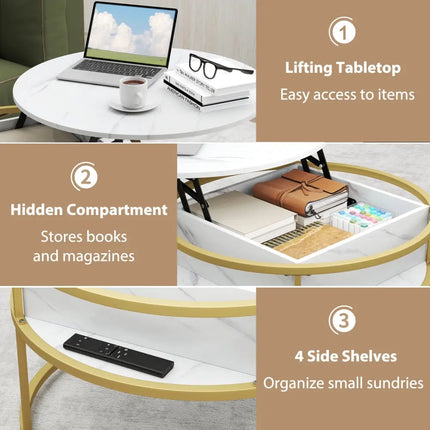 31.5 Inch Round Lift Top Coffee Table with Hidden Compartment and Side Shelves-White Costway