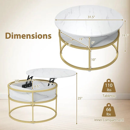 31.5 Inch Round Lift Top Coffee Table with Hidden Compartment and Side Shelves-White Costway