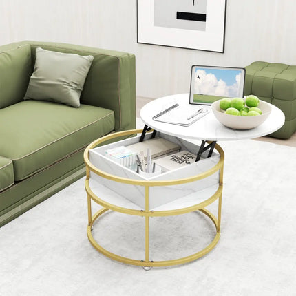 31.5 Inch Round Lift Top Coffee Table with Hidden Compartment and Side Shelves-White Costway