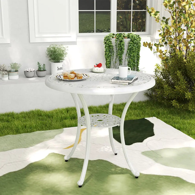 31.5 Inch Round Patio Dining Table for 4 Cast Aluminum with 2-Inch Umbrella Hole - White - Patio Dining Tables
