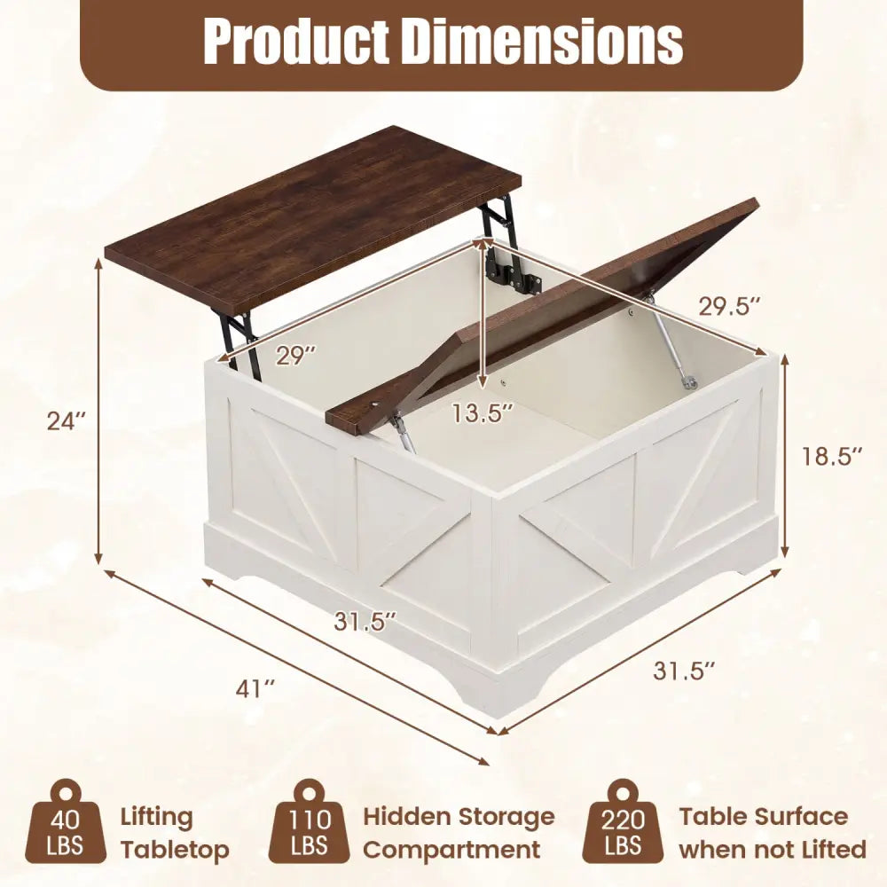 31.5 Inch Square Coffee Table with Lifting Tabletop and Hidden Compartment-Rustic Brown - Rustic Brown - Coffee Tables