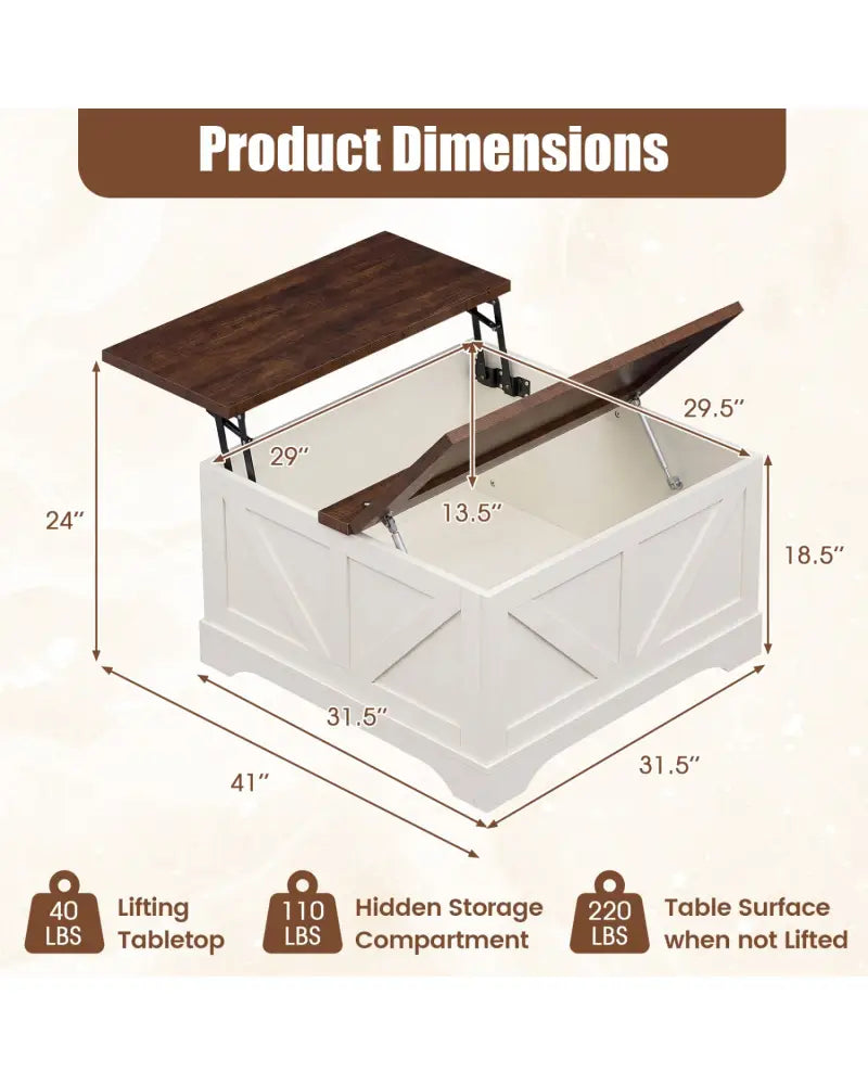 31.5 Inch Square Coffee Table with Lifting Tabletop and Hidden Compartment-Rustic Brown - Rustic Brown - Coffee Tables