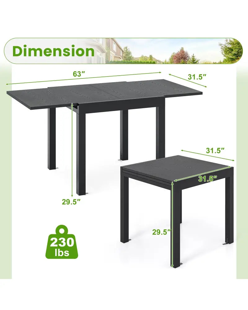 31.5 inches-63 inches Adjustable Patio Expandable Dining Table for 4-6 Person-Gray - Gray - Dining Tables