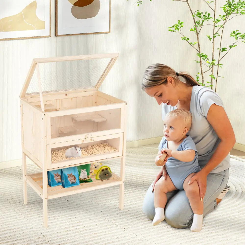 31.5 Inches Freestanding Hamster Cage Wooden Hamster Habitat Playpen-Natural - Natural - Pets