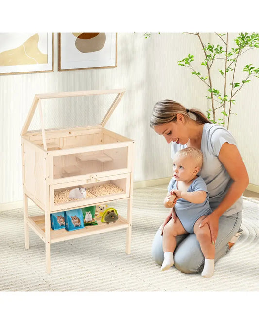 31.5 Inches Freestanding Hamster Cage Wooden Hamster Habitat Playpen-Natural - Natural - Pets