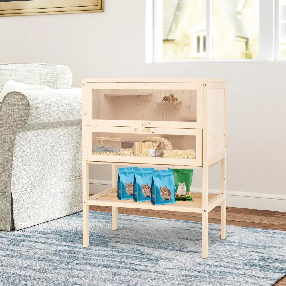 31.5 Inches Freestanding Hamster Cage Wooden Hamster Habitat Playpen-Natural - Natural - Pets