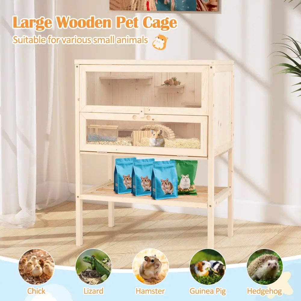 31.5 Inches Freestanding Hamster Cage Wooden Hamster Habitat Playpen-Natural - Natural - Pets