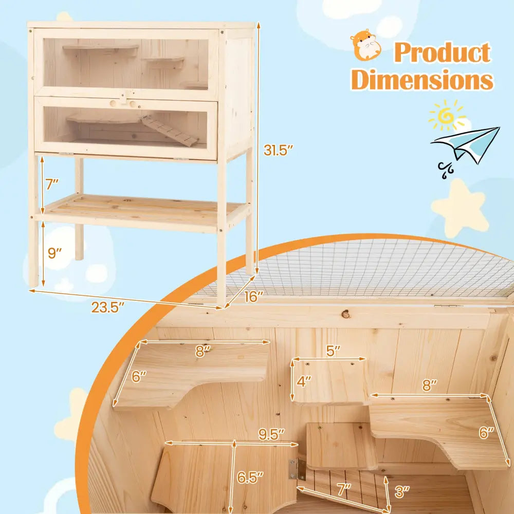 31.5 Inches Freestanding Hamster Cage Wooden Hamster Habitat Playpen-Natural - Natural - Pets