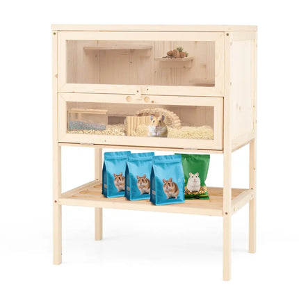 31.5 Inches Freestanding Hamster Cage Wooden Hamster Habitat Playpen - Natural - Oasis Home Essentials