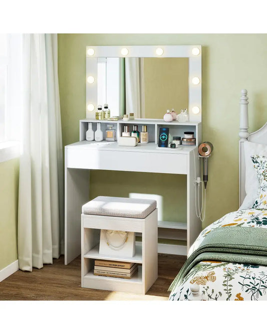 31.5 Inches Vanity Desk with 3 Lighting Modes and Storage Shelves-White - White - Makeup Vanities