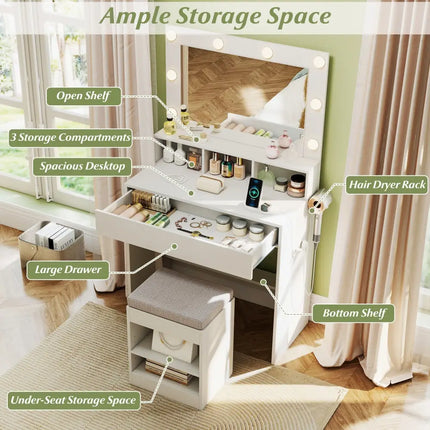 31.5 Inches Vanity Desk with 3 Lighting Modes and Storage Shelves-White Costway