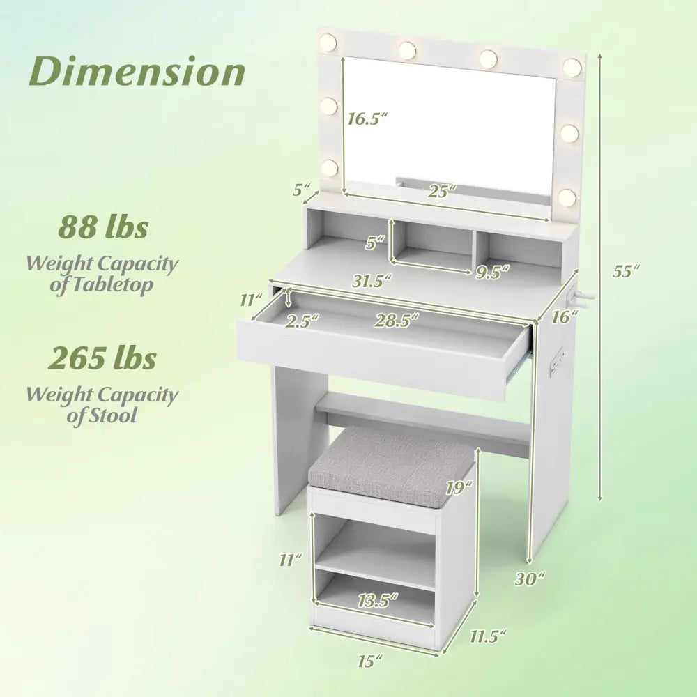 31.5 Inches Vanity Desk with 3 Lighting Modes and Storage Shelves-White Costway