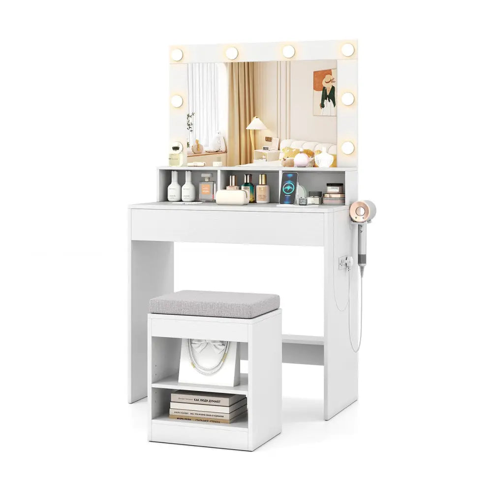 31.5 Inches Vanity Desk with 3 Lighting Modes and Storage Shelves-White - White - Makeup Vanities