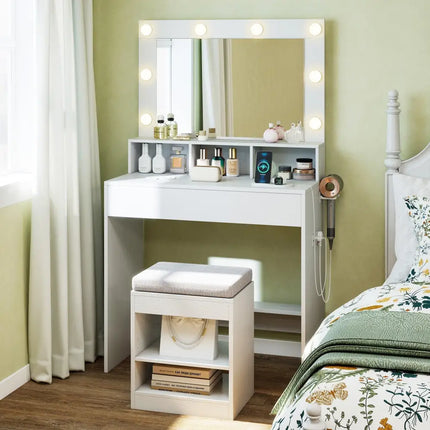 31.5 Inches Vanity Desk with 3 Lighting Modes and Storage Shelves-White Costway