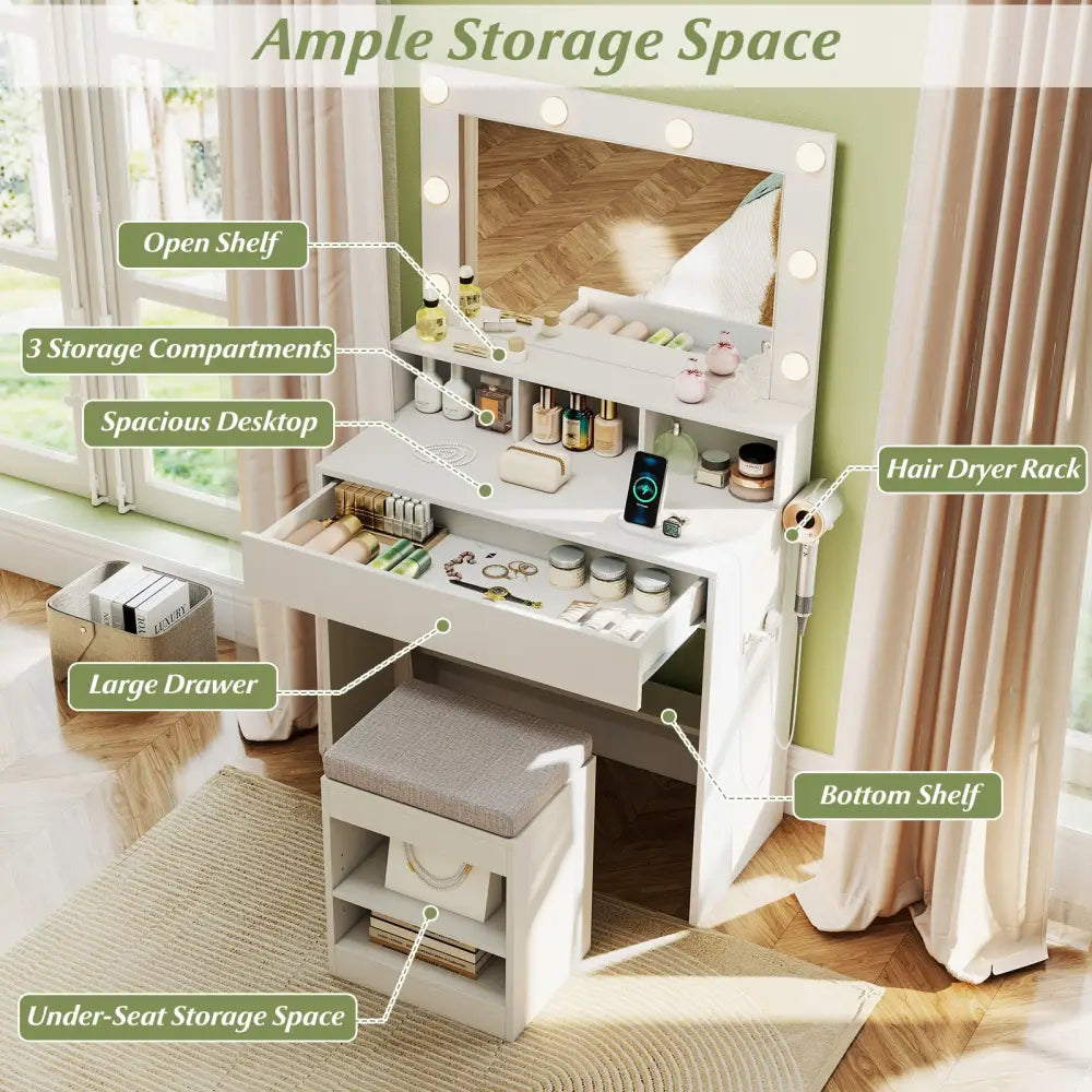 31.5 Inches Vanity Desk with 3 Lighting Modes and Storage Shelves-White - White - Makeup Vanities
