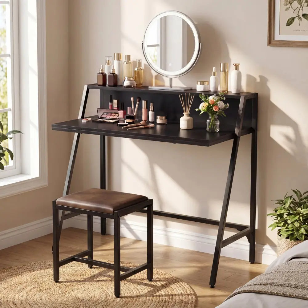 31.5’’ Industrial Desk with Raised Shelf Metal Frame-Black - Black - Computer Desks