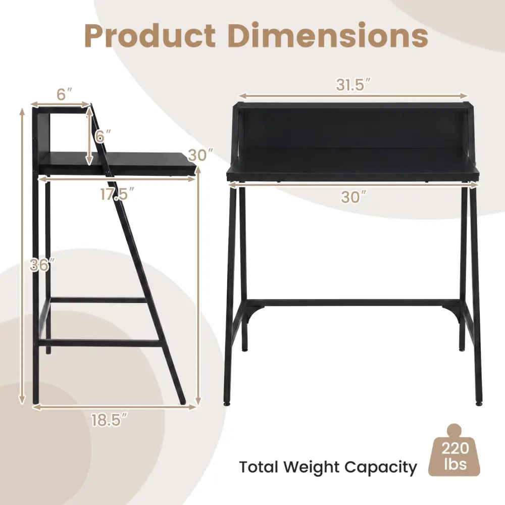 31.5’’ Industrial Desk with Raised Shelf Metal Frame-Black - Black - Computer Desks