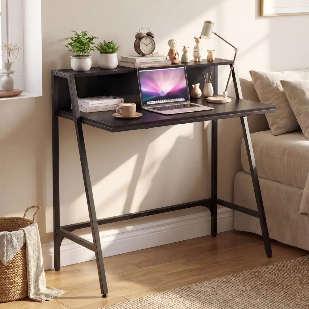 31.5’’ Industrial Desk with Raised Shelf Metal Frame-Black - Black - Computer Desks