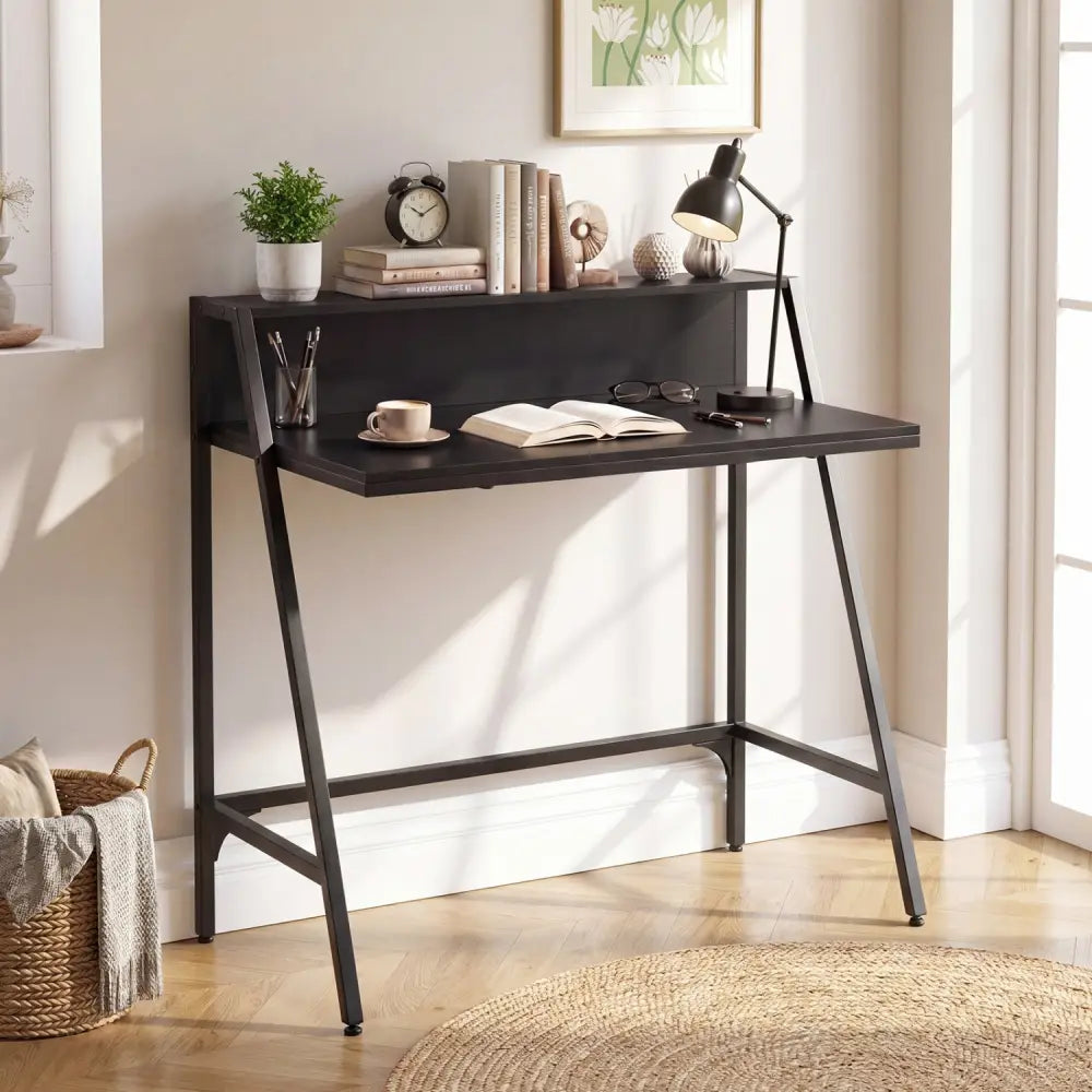 31.5’’ Industrial Desk with Raised Shelf Metal Frame-Black - Black - Computer Desks