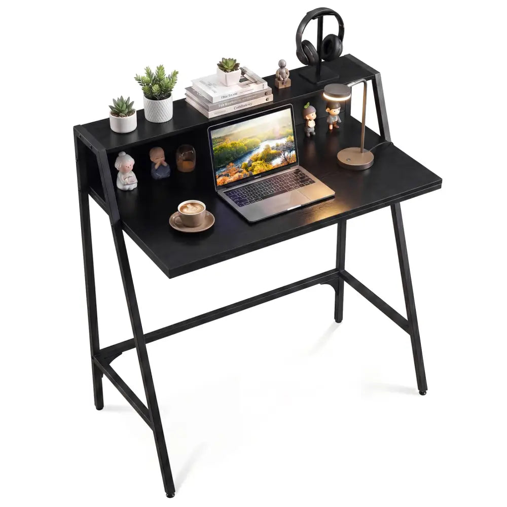 31.5’’ Industrial Desk with Raised Shelf Metal Frame-Black - Black - Computer Desks