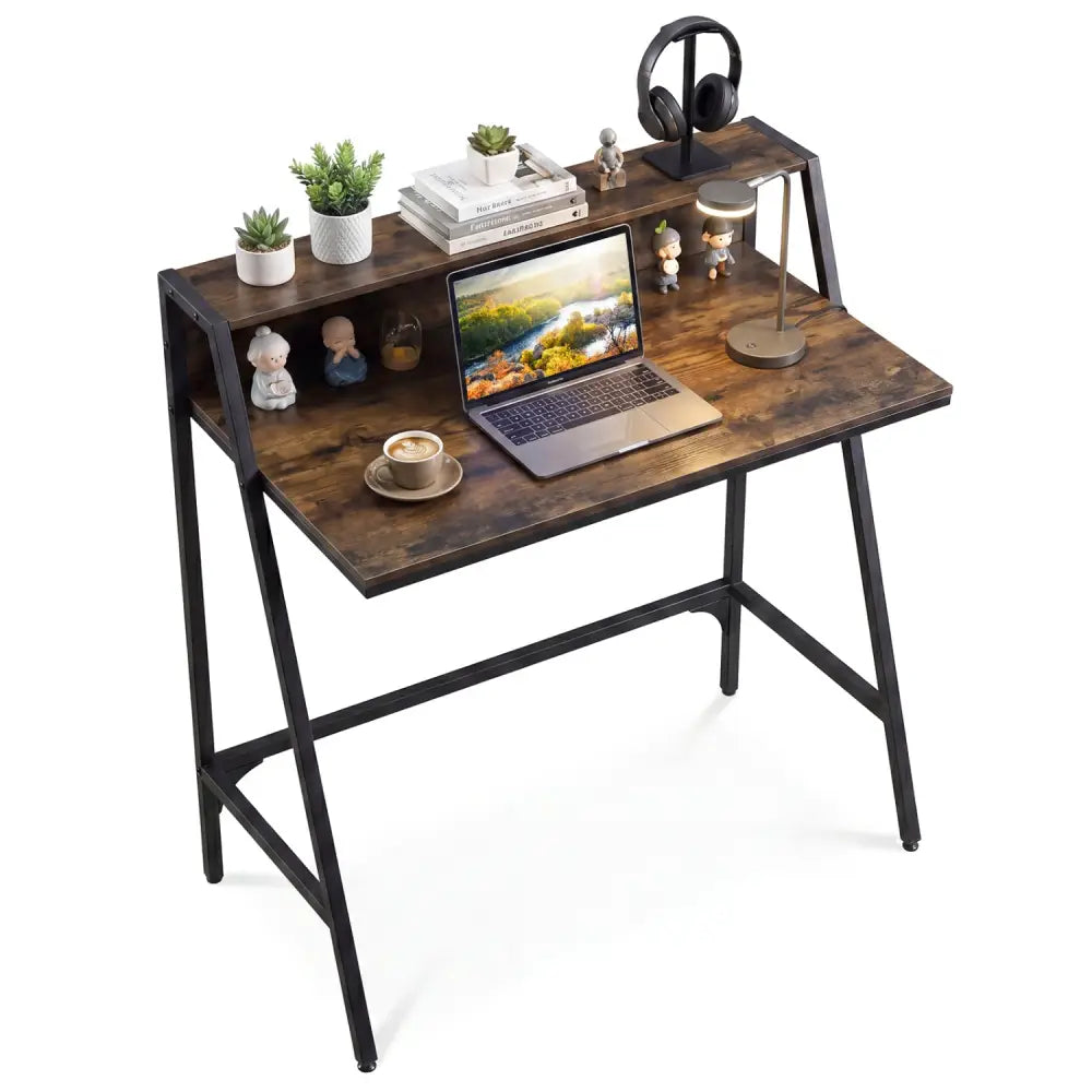 31.5’’ Industrial Desk with Raised Shelf Metal Frame-Rustic Brown - Rustic Brown - Computer Desks