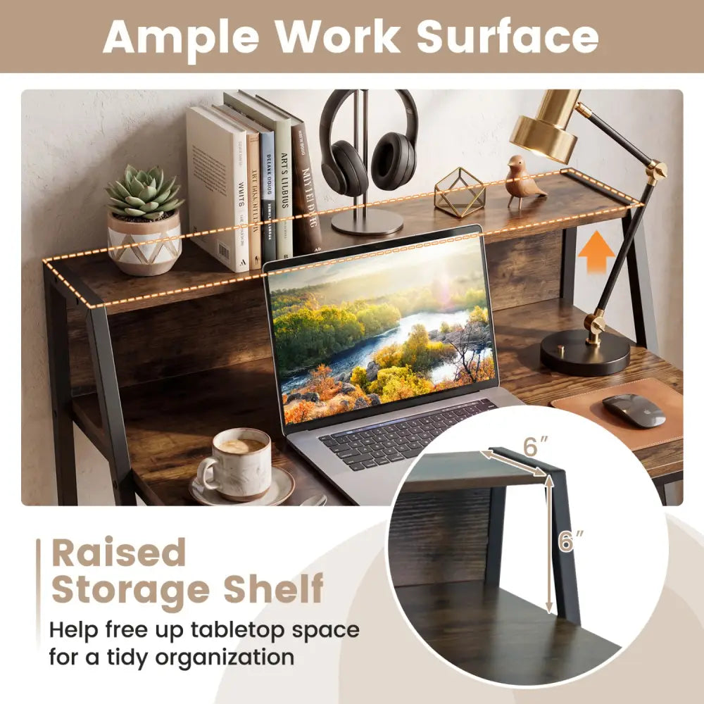 31.5’’ Industrial Desk with Raised Shelf Metal Frame-Rustic Brown - Rustic Brown - Computer Desks