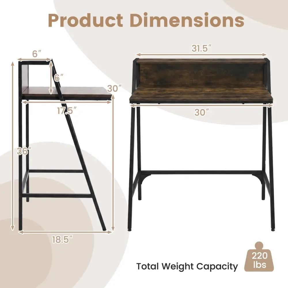 31.5’’ Industrial Desk with Raised Shelf Metal Frame-Rustic Brown - Rustic Brown - Computer Desks