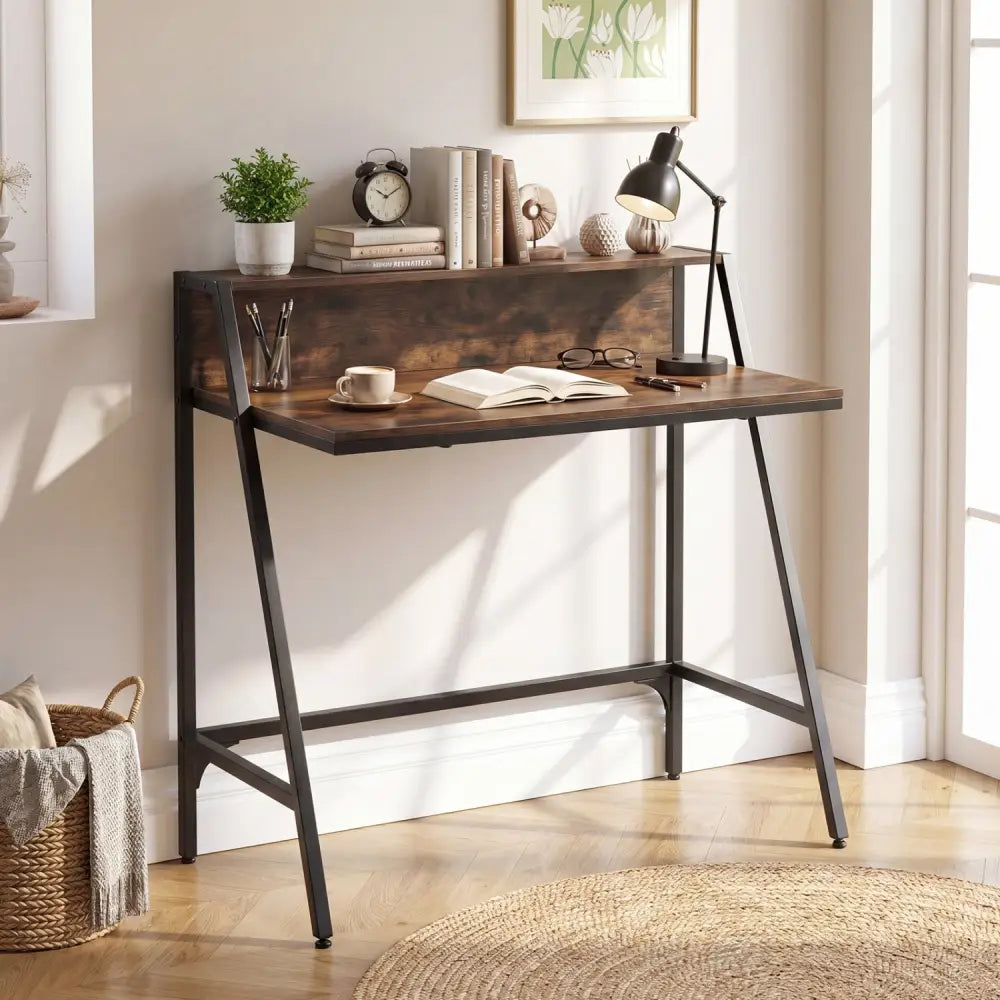 31.5’’ Industrial Desk with Raised Shelf Metal Frame-Rustic Brown - Rustic Brown - Computer Desks