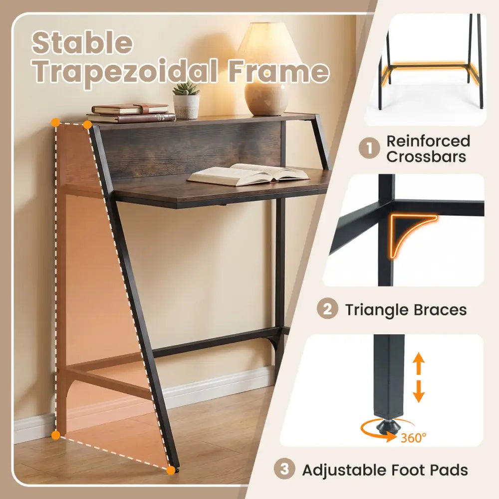31.5’’ Industrial Desk with Raised Shelf Metal Frame-Rustic Brown - Rustic Brown - Computer Desks