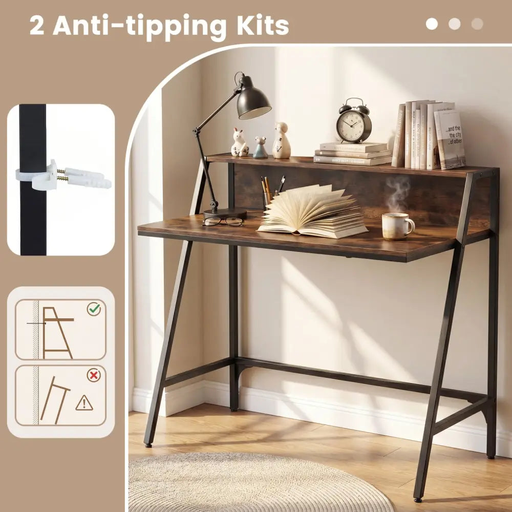 31.5’’ Industrial Desk with Raised Shelf Metal Frame-Rustic Brown - Rustic Brown - Computer Desks