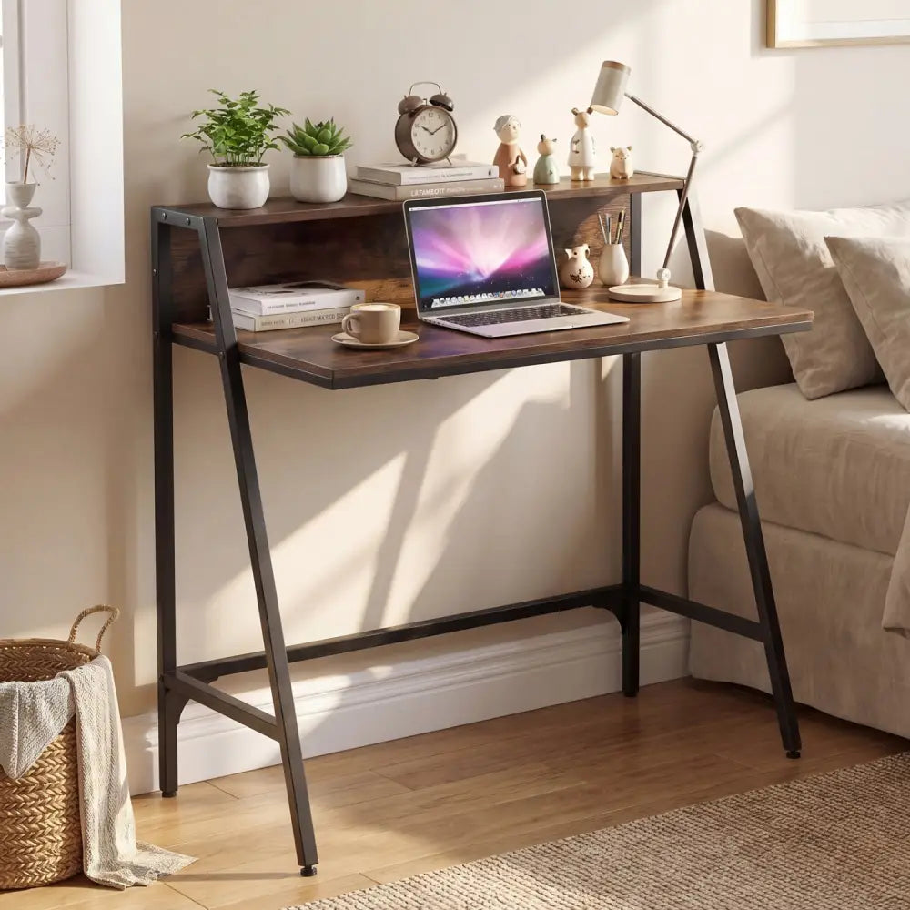 31.5’’ Industrial Desk with Raised Shelf Metal Frame-Rustic Brown - Rustic Brown - Computer Desks
