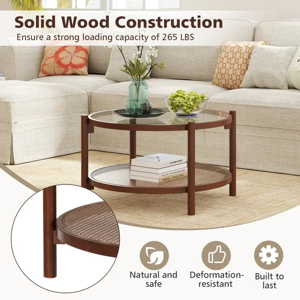 31 Inch 2-Tier Round Coffee Table with Tempered Glass Top for Living Room-Cherry - Cherry - Coffee Tables