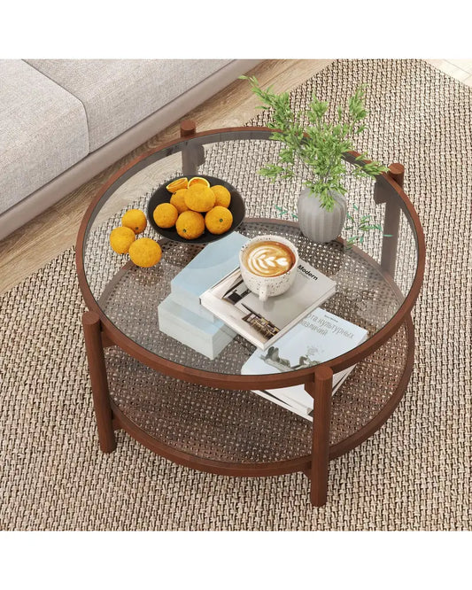 31 Inch 2-Tier Round Coffee Table with Tempered Glass Top for Living Room-Cherry - Cherry - Coffee Tables
