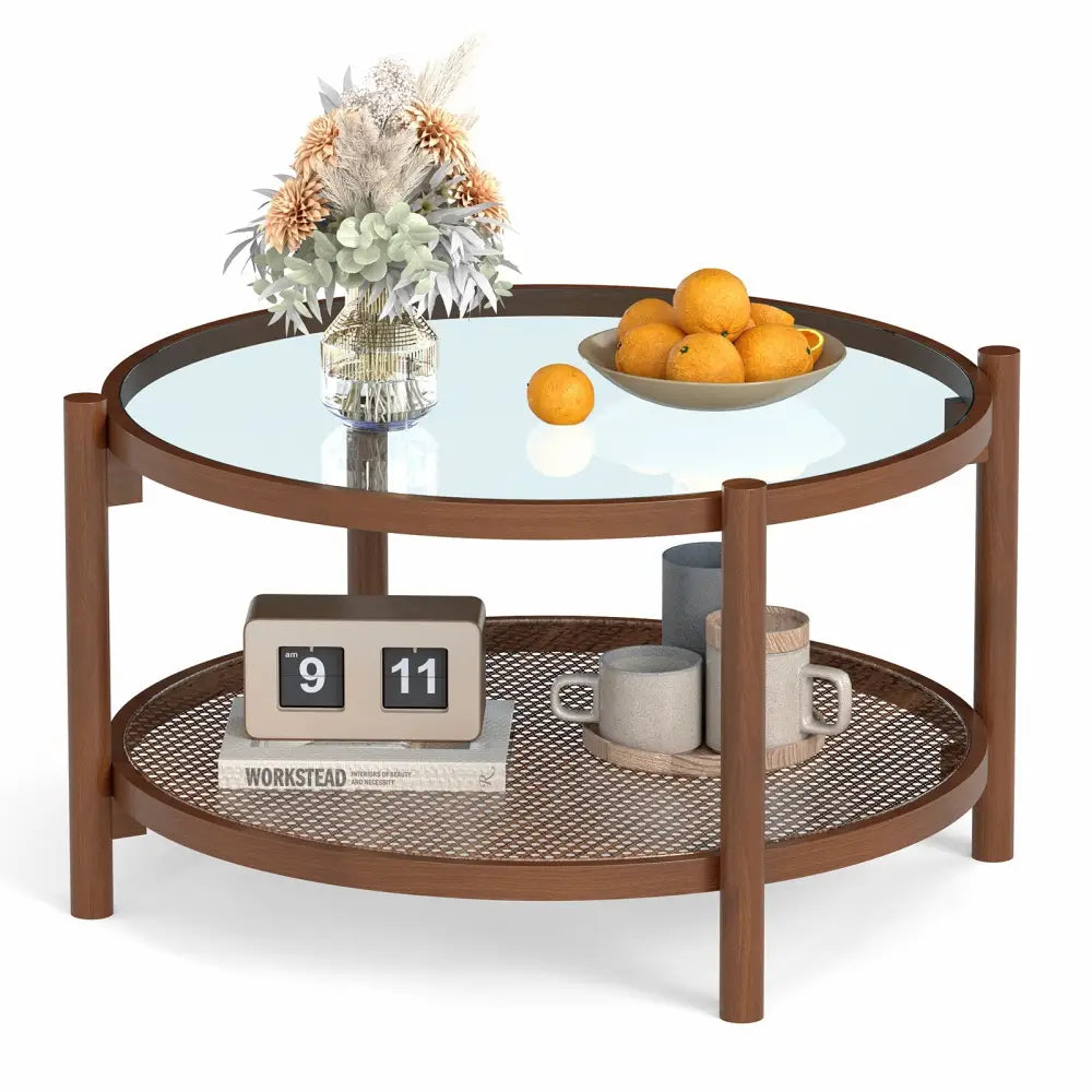 31 Inch 2-Tier Round Coffee Table with Tempered Glass Top for Living Room-Cherry - Cherry - Coffee Tables