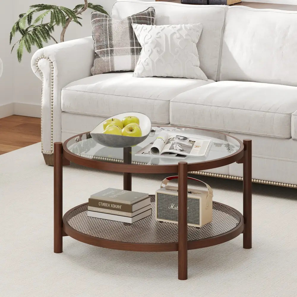 31 Inch 2-Tier Round Coffee Table with Tempered Glass Top for Living Room-Cherry - Cherry - Coffee Tables