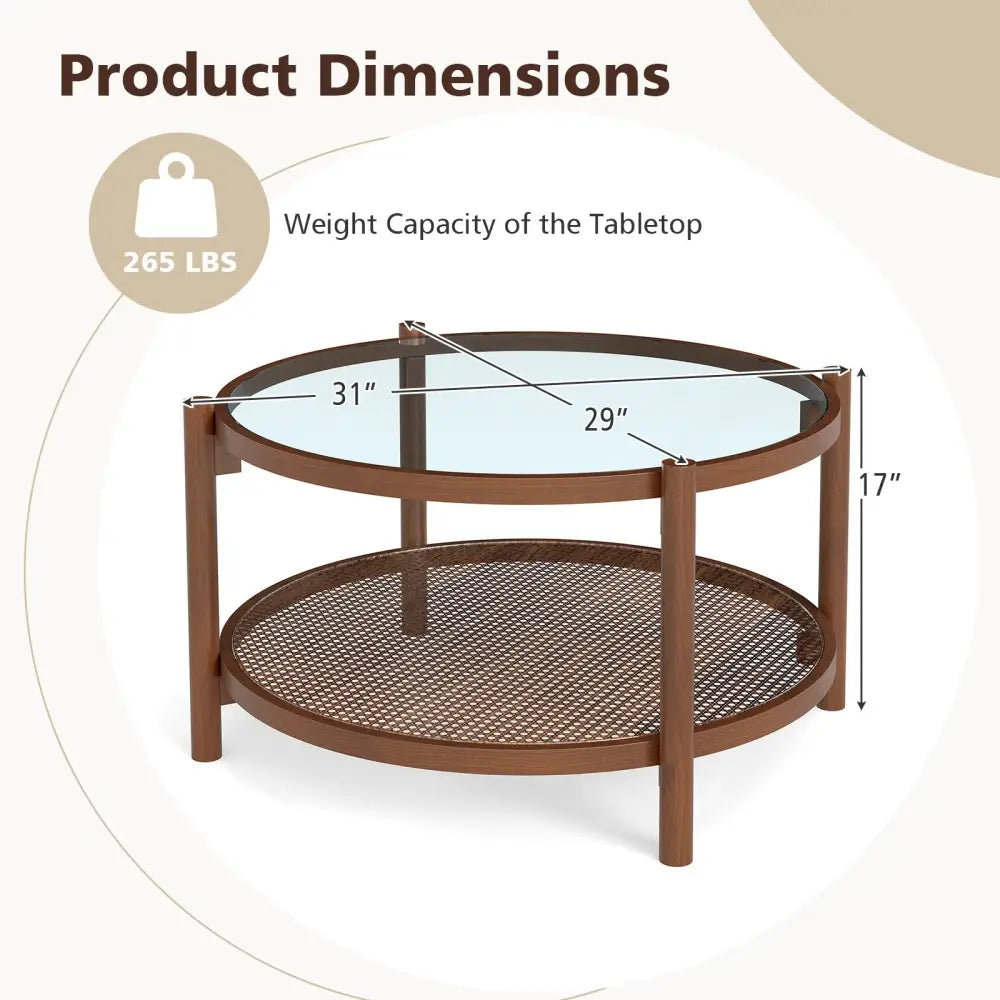 31 Inch 2-Tier Round Coffee Table with Tempered Glass Top for Living Room-Cherry - Cherry - Coffee Tables
