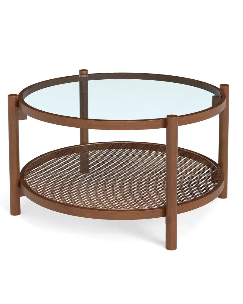 31 Inch 2-Tier Round Coffee Table with Tempered Glass Top for Living Room-Cherry - Cherry - Coffee Tables